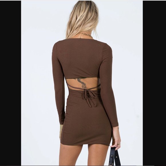 Princess Polly Nolan Brown Longsleeve Open Back Dress 6 - Picture 2 of 9